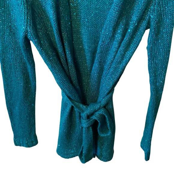 ONE‎ A Teal Sequin Cardigan Sweater Belted Long Sleeve Women's L - Picture 3 of 10